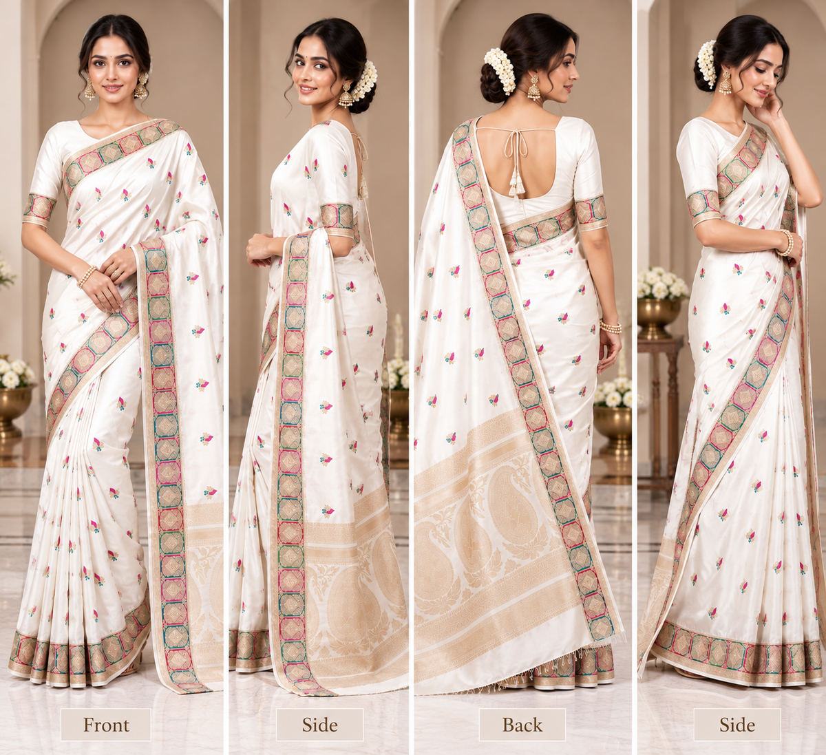 White Mashru Silk Resham and Zari Work Designer Banarasi Saree