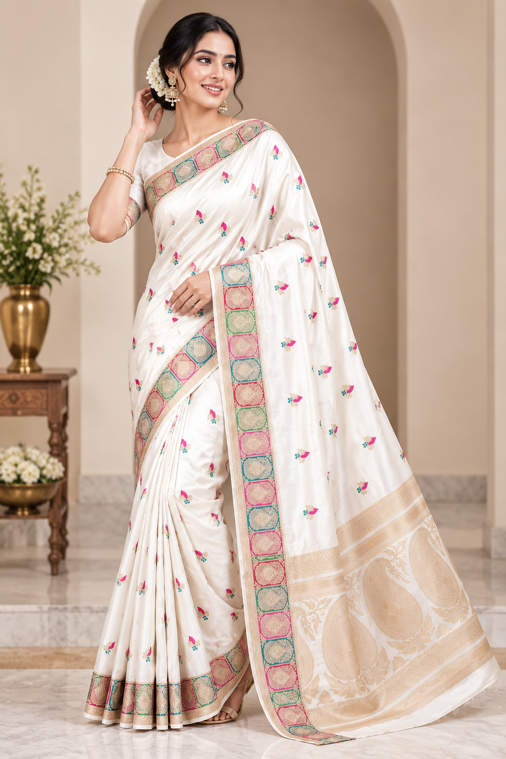 White Mashru Silk Resham and Zari Work Designer Banarasi Saree