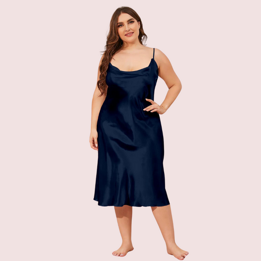 Women's Dark Blue Satin Dress, Charming Dark Evening Wear - Apparel - front view | Snazzyway