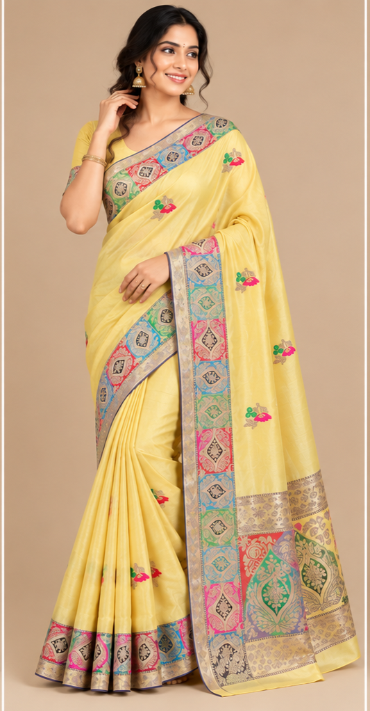 Yellow Mashru Silk Resham and Zari Work Designer Banarasi Saree