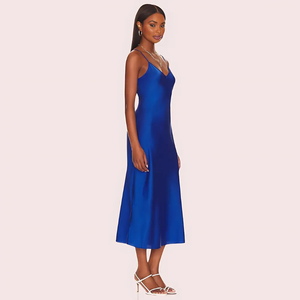 Women's Royal Blue Satin Dress, Timeless Royal Evening Wear - Apparel - close-up detail view | Snazzyway