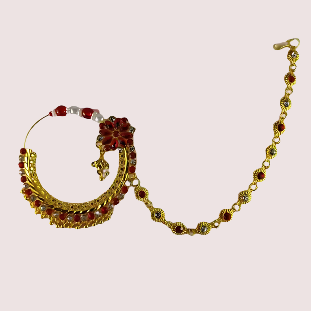 Women's Golden Designer Nose Ring, Opulent Golden Bridal Nath - Apparel - back view | Snazzyway