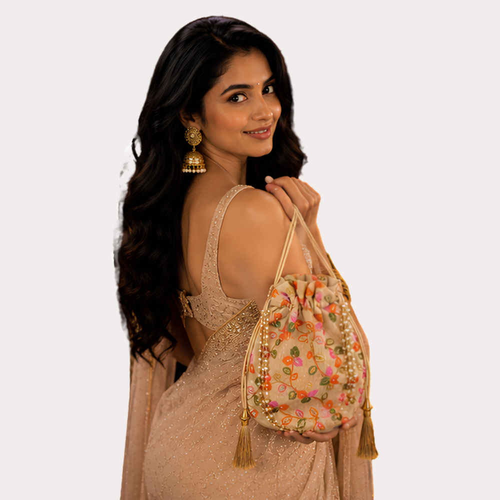 Women's Embroidered Potli Bag, Radiant Pouch Bag - Apparel - close-up detail view | Snazzyway
