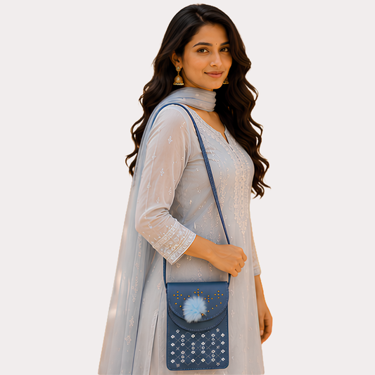 Women's Sky Blue Embellished Sling Bag, Graceful Sky Crossbody Purse - Apparel - front view | Snazzyway