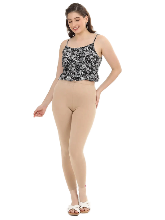 Women’s Beige Premium 4-Way Stretch Lycra Leggings Full Length Churidar & Casual Wear Versatile Ethnic & Modern Bottom Wear - Western Wear - front view...