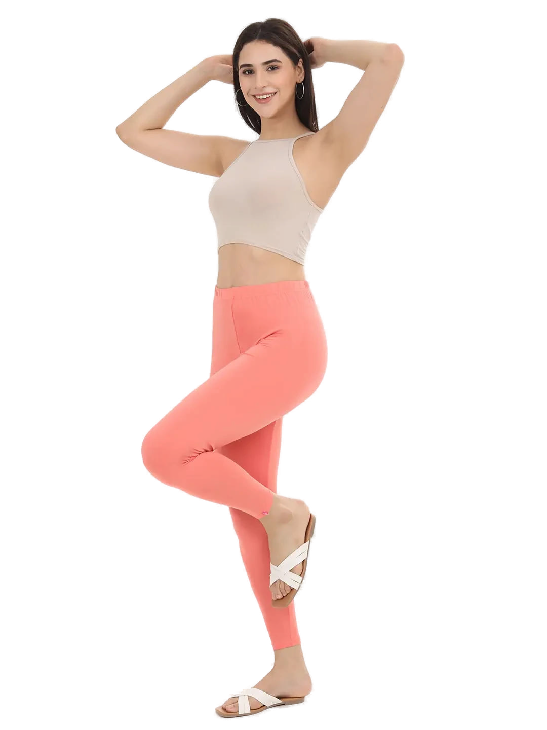 Women’s Peach Premium 4-Way Stretch Lycra Leggings Full Length Churidar & Casual Wear Versatile Ethnic & Modern Bottom Wear - Western Wear - front view...