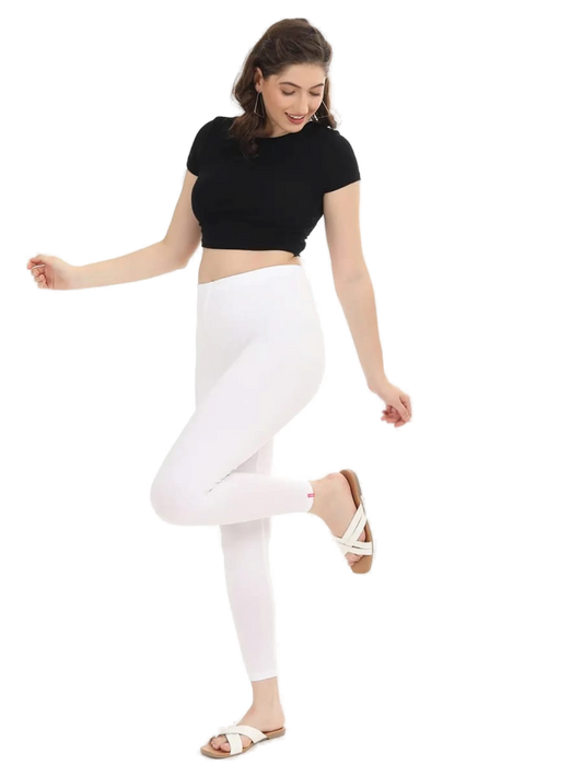Women’s White Premium 4-Way Stretch Lycra Leggings Full Length Churidar & Casual Wear Versatile Ethnic & Modern Bottom Wear - Western Wear - front view...