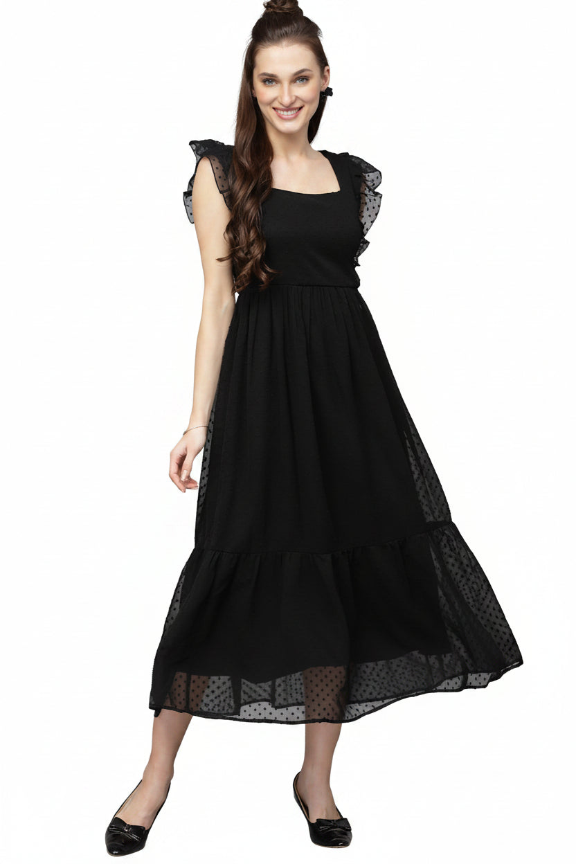 Women’s Black Indo-Western Georgette Gown Elegant Long Flared Ethnic Dress Party, Festive & Wedding Wear - Western Wear - front view | Villows DTrendz