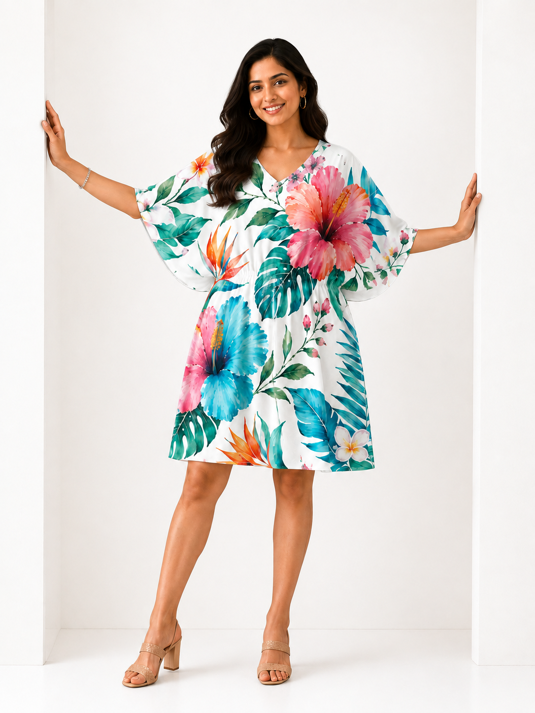 Blue & White Floral Kaftan Midi Dress for Women - Western Wear - close-up detail view | Qikink