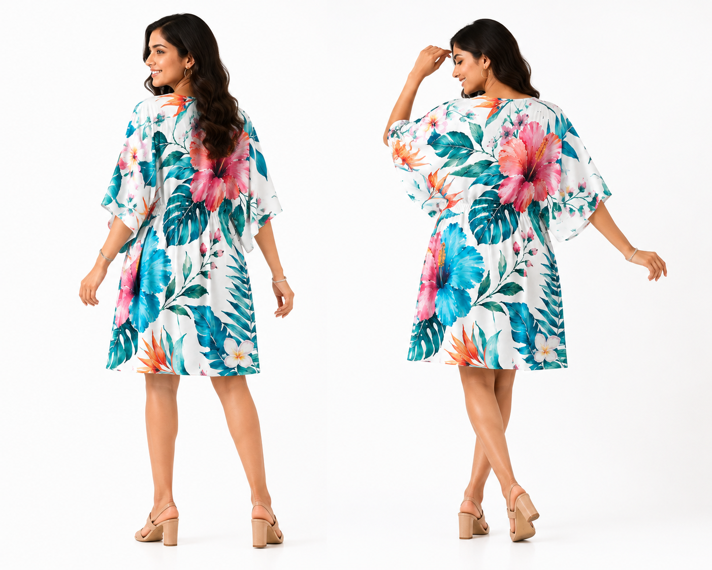 Blue & White Floral Kaftan Midi Dress for Women - Western Wear - styled full look | Qikink