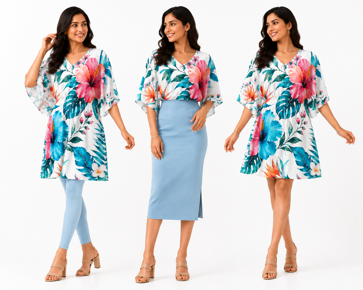 Blue & White Floral Kaftan Midi Dress for Women - Western Wear - back view | Qikink