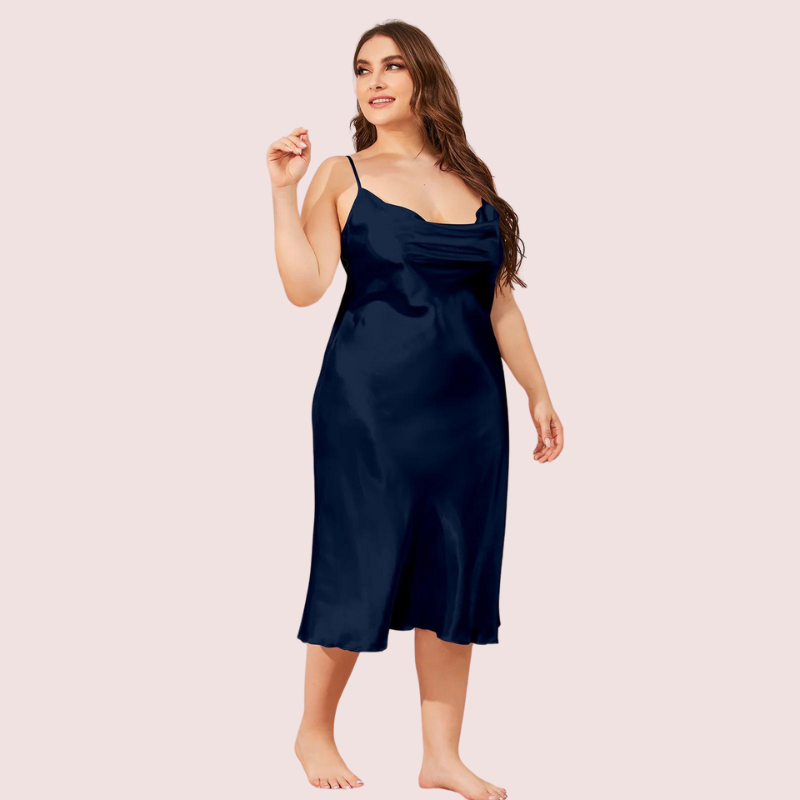 Women's Dark Blue Satin Dress, Charming Dark Evening Wear - Apparel - close-up detail view | Snazzyway