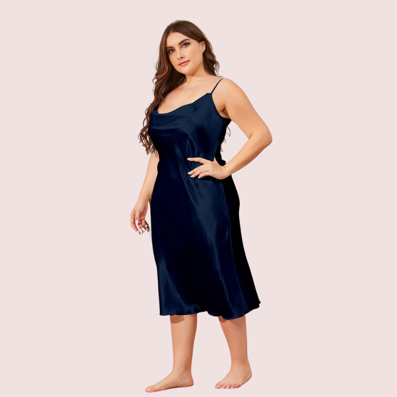 Women's Dark Blue Satin Dress, Charming Dark Evening Wear - Apparel - styled full look | Snazzyway