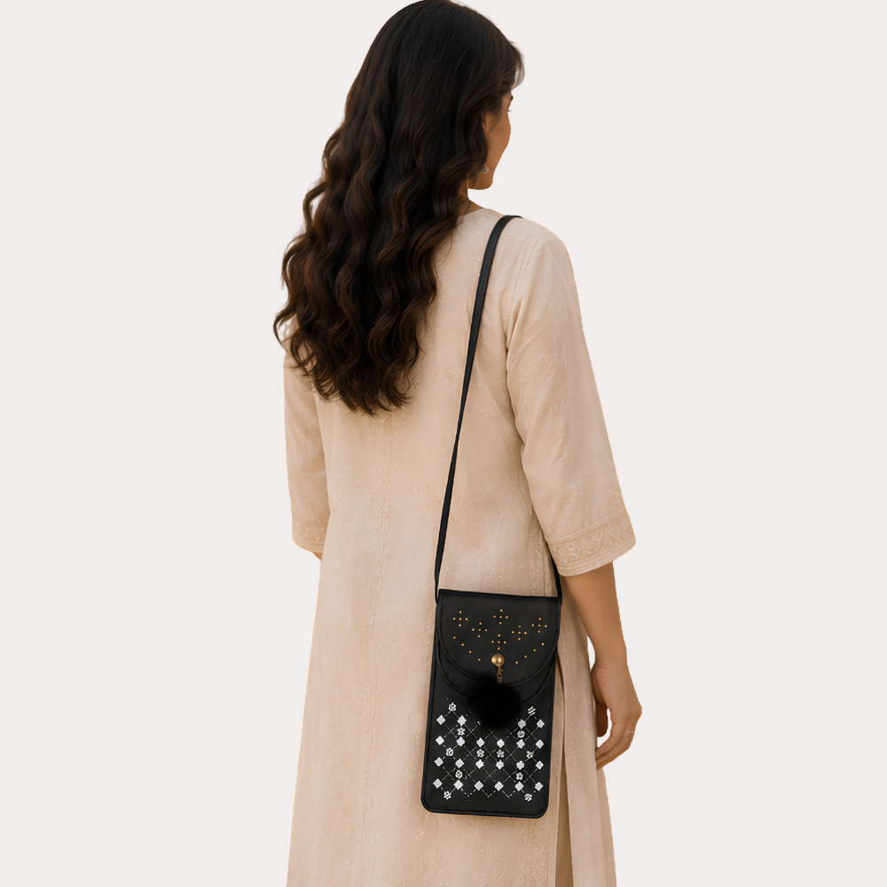 Women's Jet Black Embellished Sling Bag, Charming Jet Crossbody Purse - Apparel - close-up detail view | Snazzyway