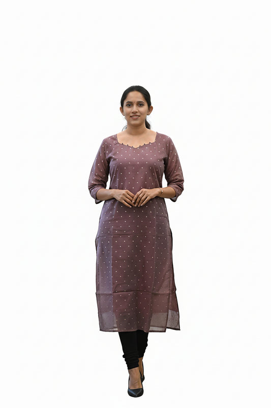 Women’s Lt Brown Chanderi Silk Kurti - Indian Ethnic Wear - front view | Villows DTrendz
