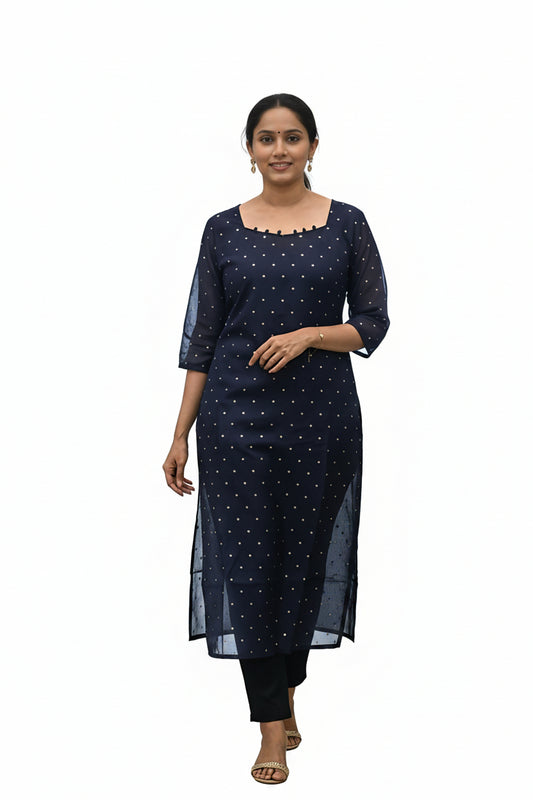 Women’s Navy Blue Chanderi Silk Kurti - Indian Ethnic Wear - front view | Villows DTrendz