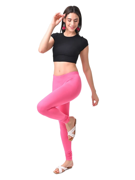 Women’s Lotus Pink Premium 4-Way Stretch Lycra Leggings Full Length Churidar & Casual Wear Versatile Ethnic & Modern Bottom Wear - Western Wear - front...