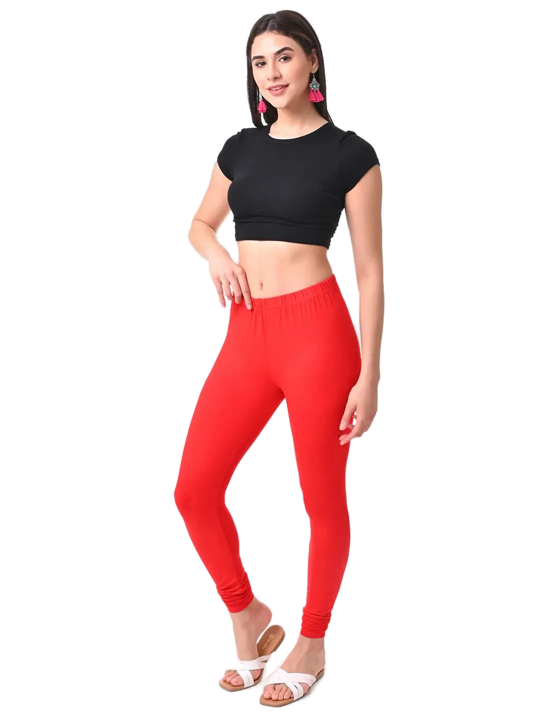 Women’s Red Premium 4-Way Stretch Lycra Leggings Full Length Churidar & Casual Wear Versatile Ethnic & Modern Bottom Wear - Western Wear - front view |...