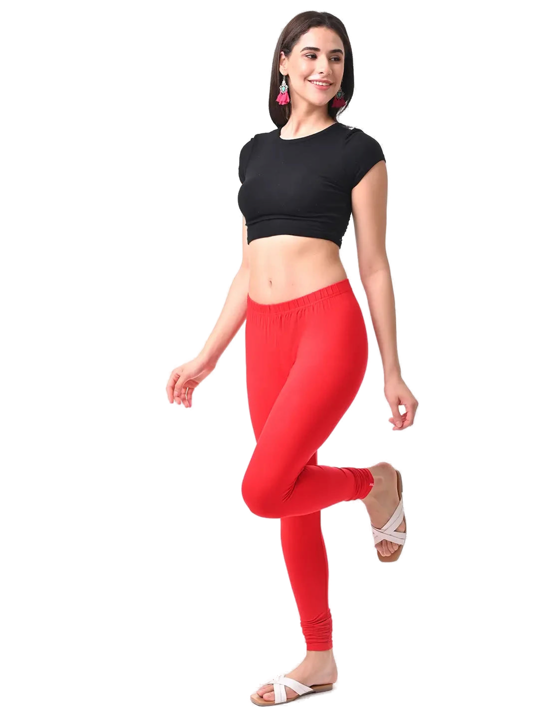 Women’s Apple Red Premium 4-Way Stretch Lycra Leggings Full Length Churidar & Casual Wear Versatile Ethnic & Modern Bottom Wear - Western Wear - front...
