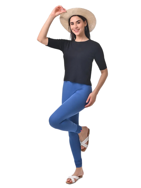 Women’s Jean Blue Premium 4-Way Stretch Lycra Leggings Full Length Churidar & Casual Wear Versatile Ethnic & Modern Bottom Wear - Western Wear - front...