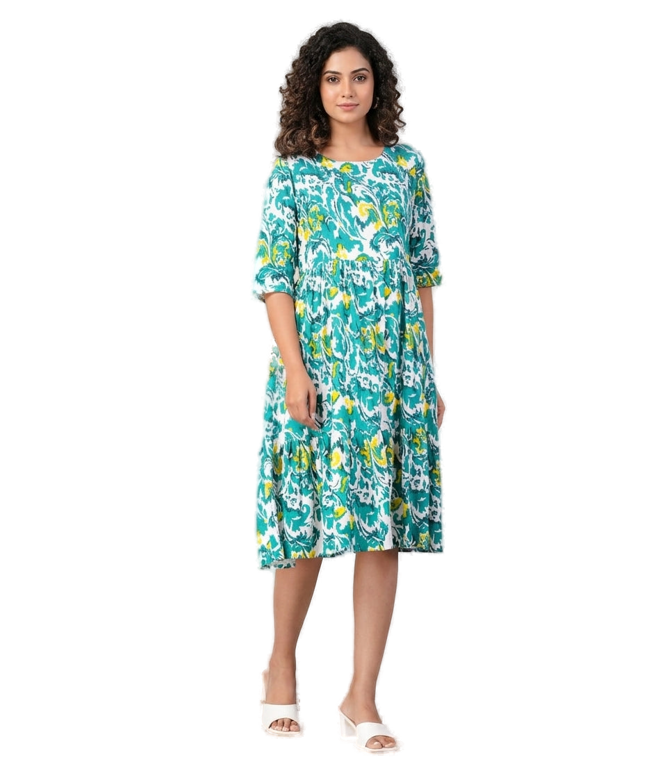 Cotton 3 Tier Frock - Green - Western Wear - front view | Villows DTrendz