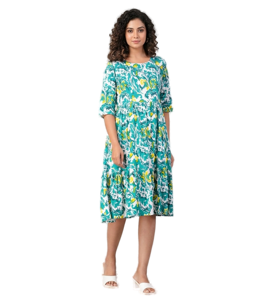 Cotton 3 Tier Frock - Green - Western Wear - front view | Villows DTrendz