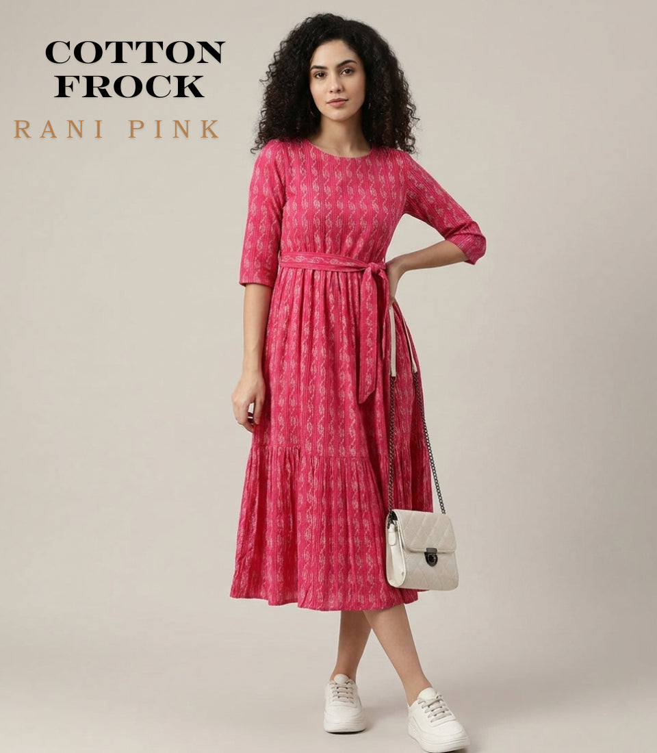 Cotton 3 Tier Frock - Rani Pink - Western Wear - front view | Villows DTrendz