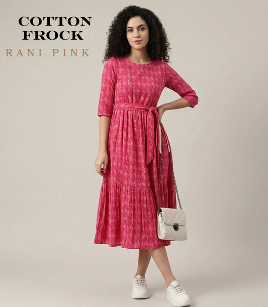 Cotton 3 Tier Frock - Rani Pink - Western Wear - front view | Villows DTrendz