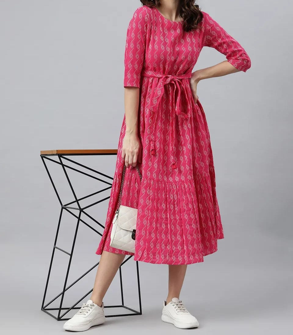 Cotton 3 Tier Frock - Rani Pink - Western Wear - close-up detail view | Villows DTrendz
