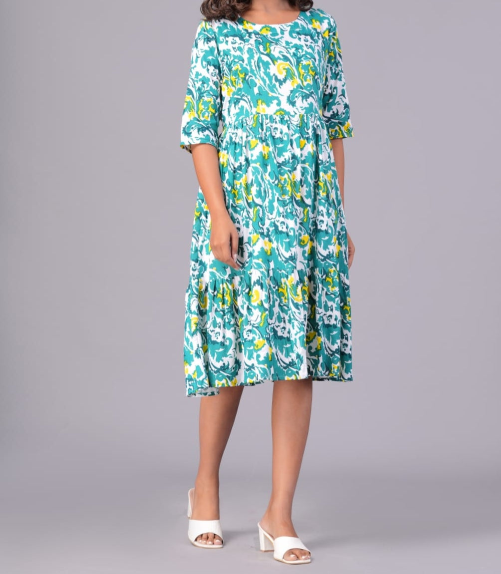 Cotton 3 Tier Frock - Green - Western Wear - close-up detail view | Villows DTrendz