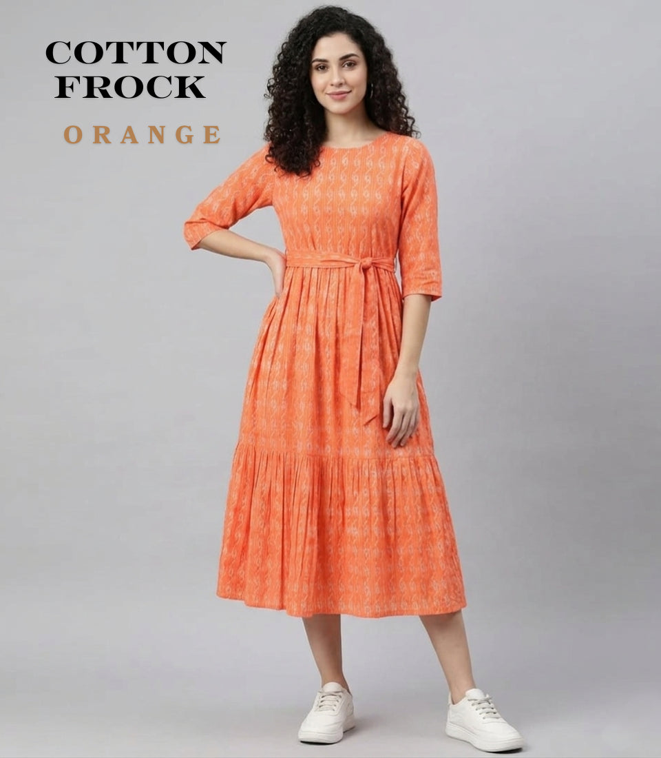 Cotton 3 Tier Frock - Orange - Western Wear - front view | Villows DTrendz