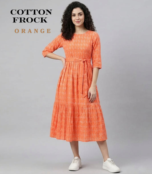 Cotton 3 Tier Frock - Orange - Western Wear - front view | Villows DTrendz