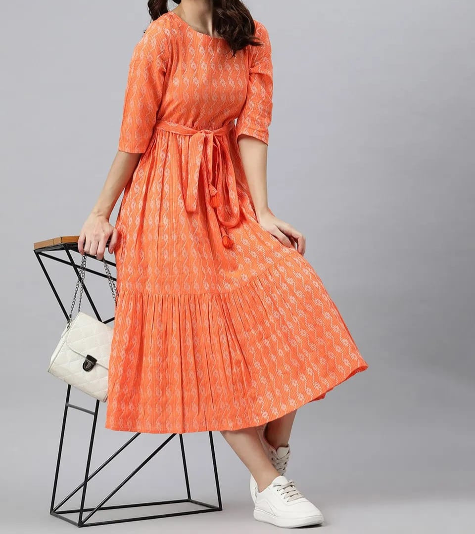Cotton 3 Tier Frock - Orange - Western Wear - close-up detail view | Villows DTrendz
