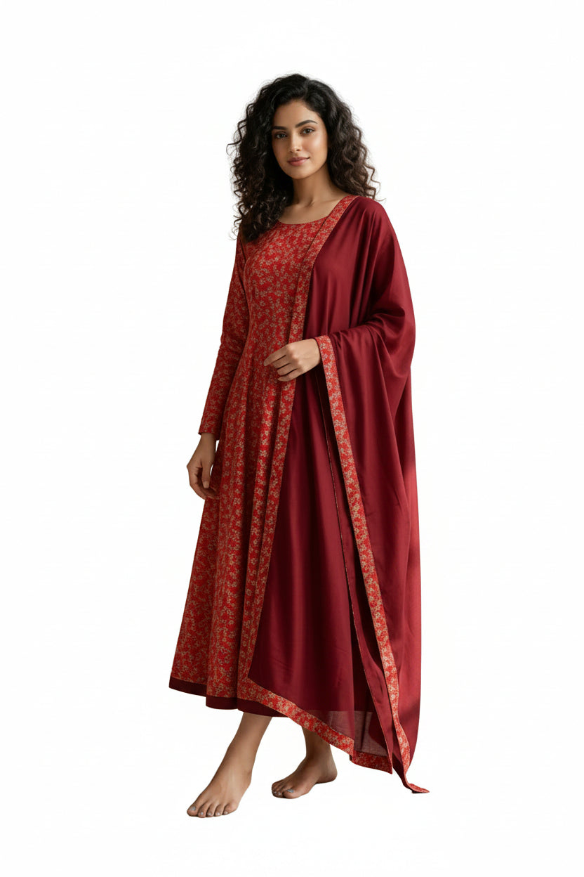 Women’s Maroon Designer A-Line Co-Ord Set - Indian Ethnic Wear - front view | Villows DTrendz