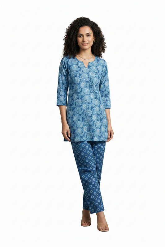 Women’s Cotton Co-Ord Set - Blue Western Wear - front view | Villows DTrendz