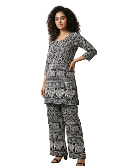 Women’s Cotton Co-Ord Set - Black Western Wear - front view | Villows DTrendz