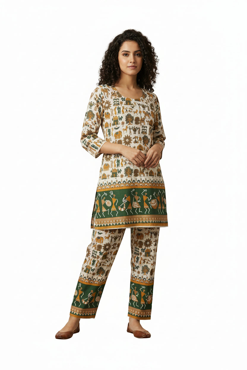 Women’s Cotton Co-Ord Set - Cream Western Wear - front view | Villows DTrendz