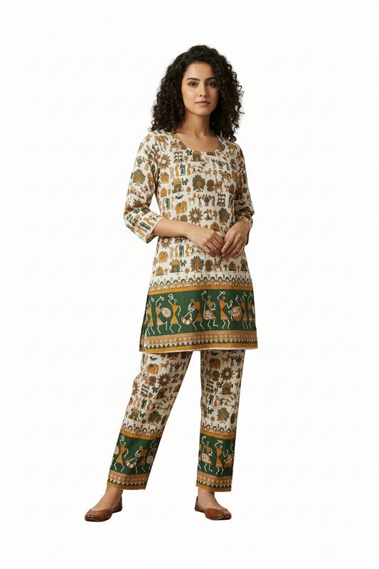 Women’s Cotton Co-Ord Set - Cream Western Wear - front view | Villows DTrendz