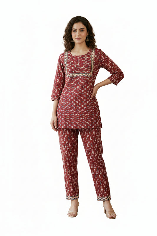 Women’s Cotton Co-Ord Set - Maroon Western Wear - front view | Villows DTrendz