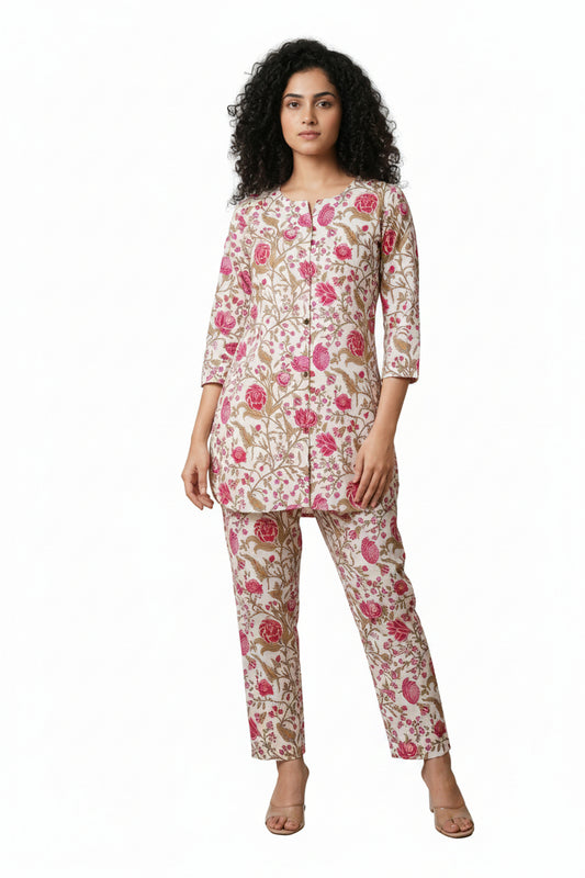 Women’s Cotton Co-Ord Set - Pink Western Wear - front view | Villows DTrendz