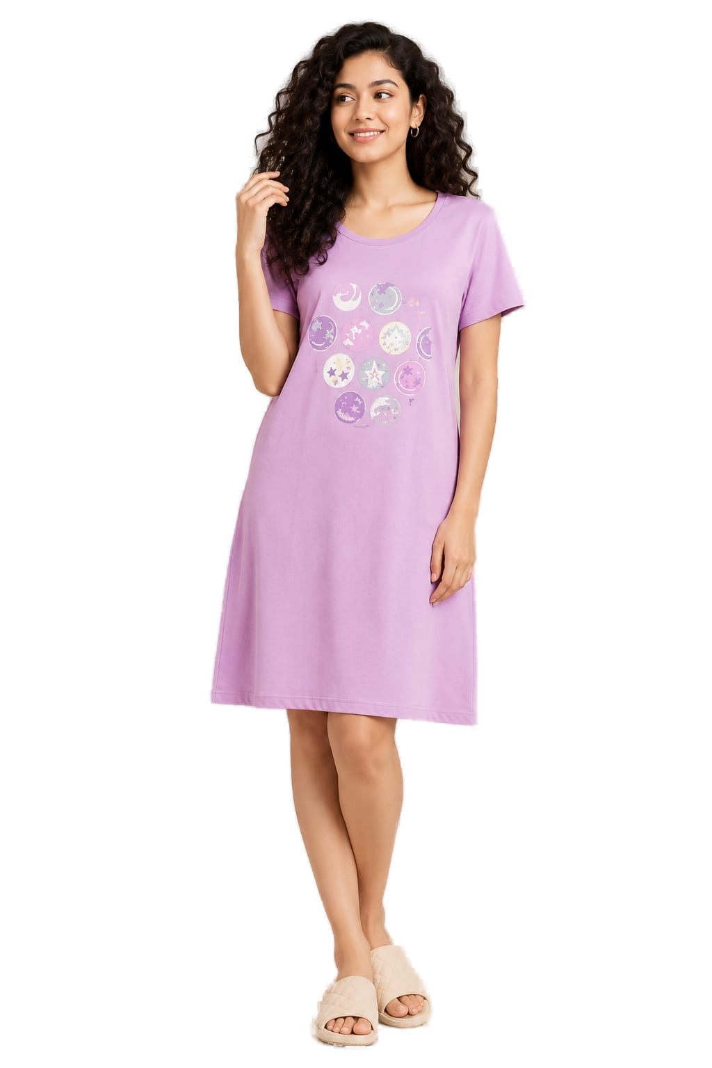 Women’s Cotton Short Nightdress Knee Length Sleepwear Soft Comfortable Loungewear - Lavender - Western Wear - front view | Villows DTrendz