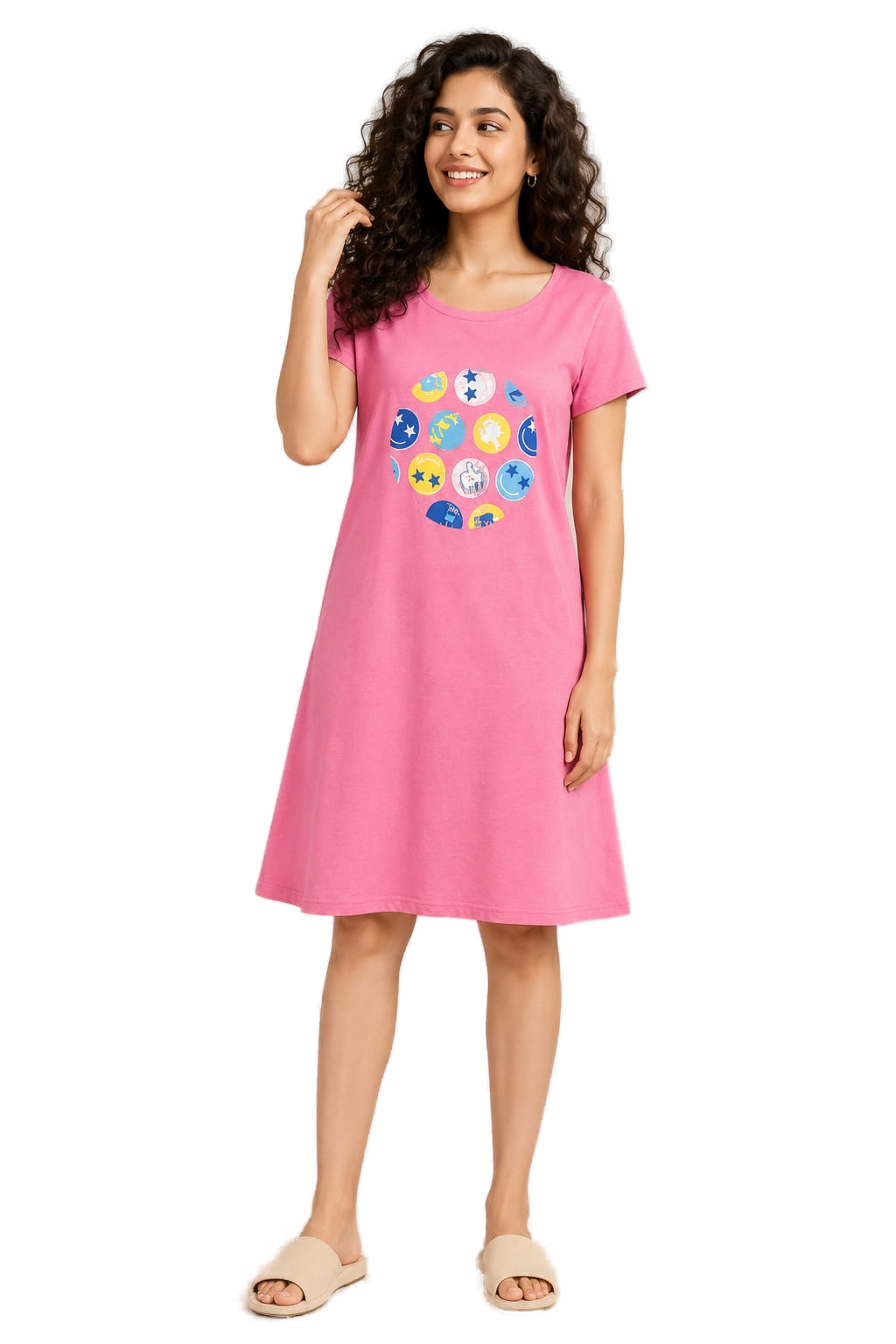 Cotton Knee Length Nightdress - Pink - Western Wear - front view | Villows DTrendz