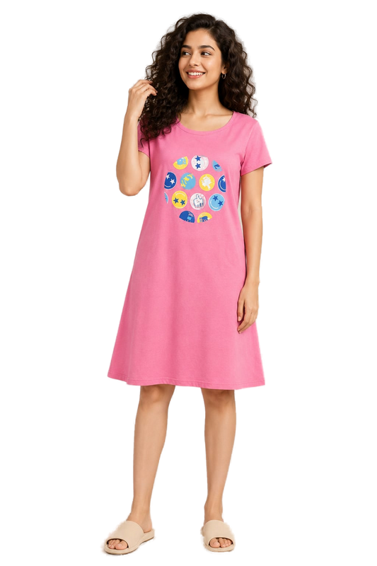 Cotton Knee Length Nightdress - Pink - Western Wear - front view | Villows DTrendz