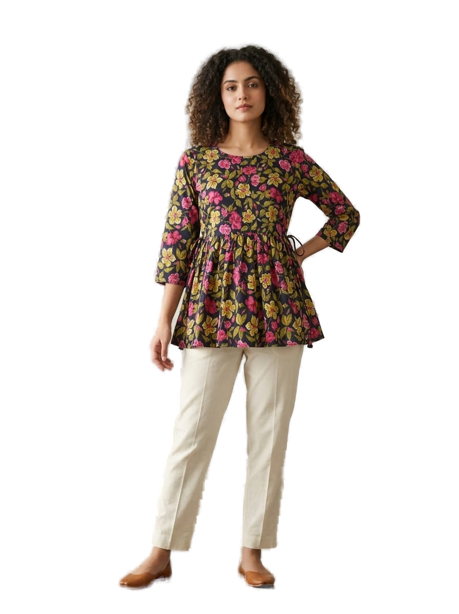Women’s Black Cotton Short Kurti - Indian Ethnic Wear - front view | Villows DTrendz