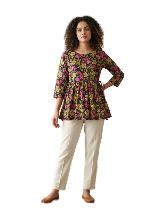 Women’s Black Cotton Short Kurti - Indian Ethnic Wear - front view | Villows DTrendz