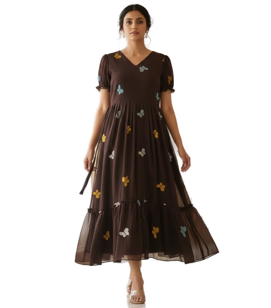 Women’s Dark Brown Designer Butterfly Midi Dress - Western Wear - front view | Villows DTrendz