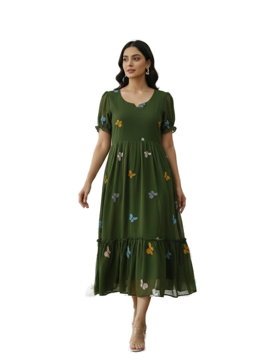 Women’s Green Designer Butterfly Midi Dress - Western Wear - front view | Villows DTrendz