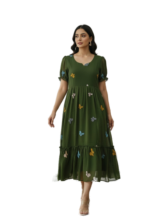 Women’s Green Designer Butterfly Midi Dress - Western Wear - front view | Villows DTrendz
