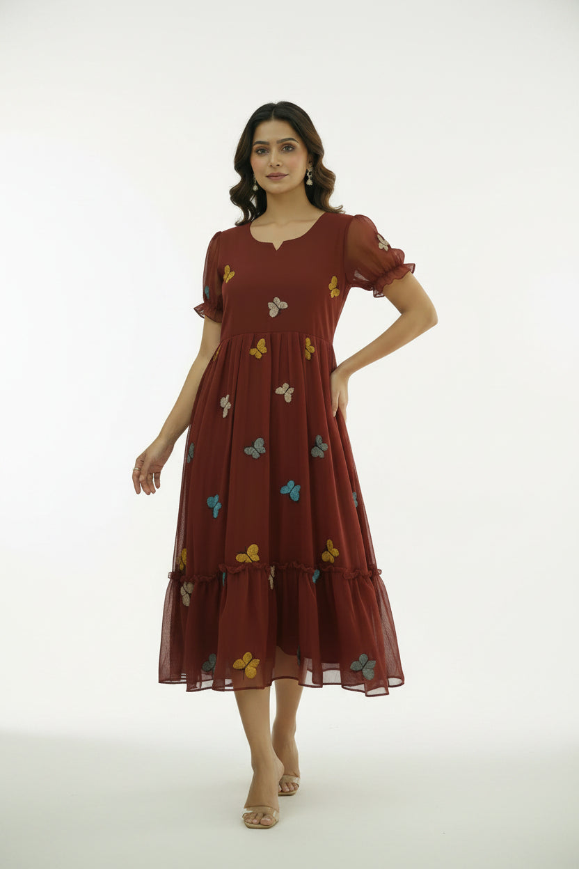Women’s Maroon Designer Butterfly Midi Dress - Western Wear - front view | Villows DTrendz