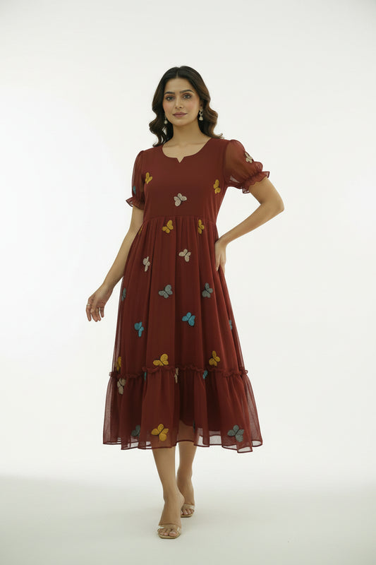 Women’s Maroon Designer Butterfly Midi Dress - Western Wear - front view | Villows DTrendz